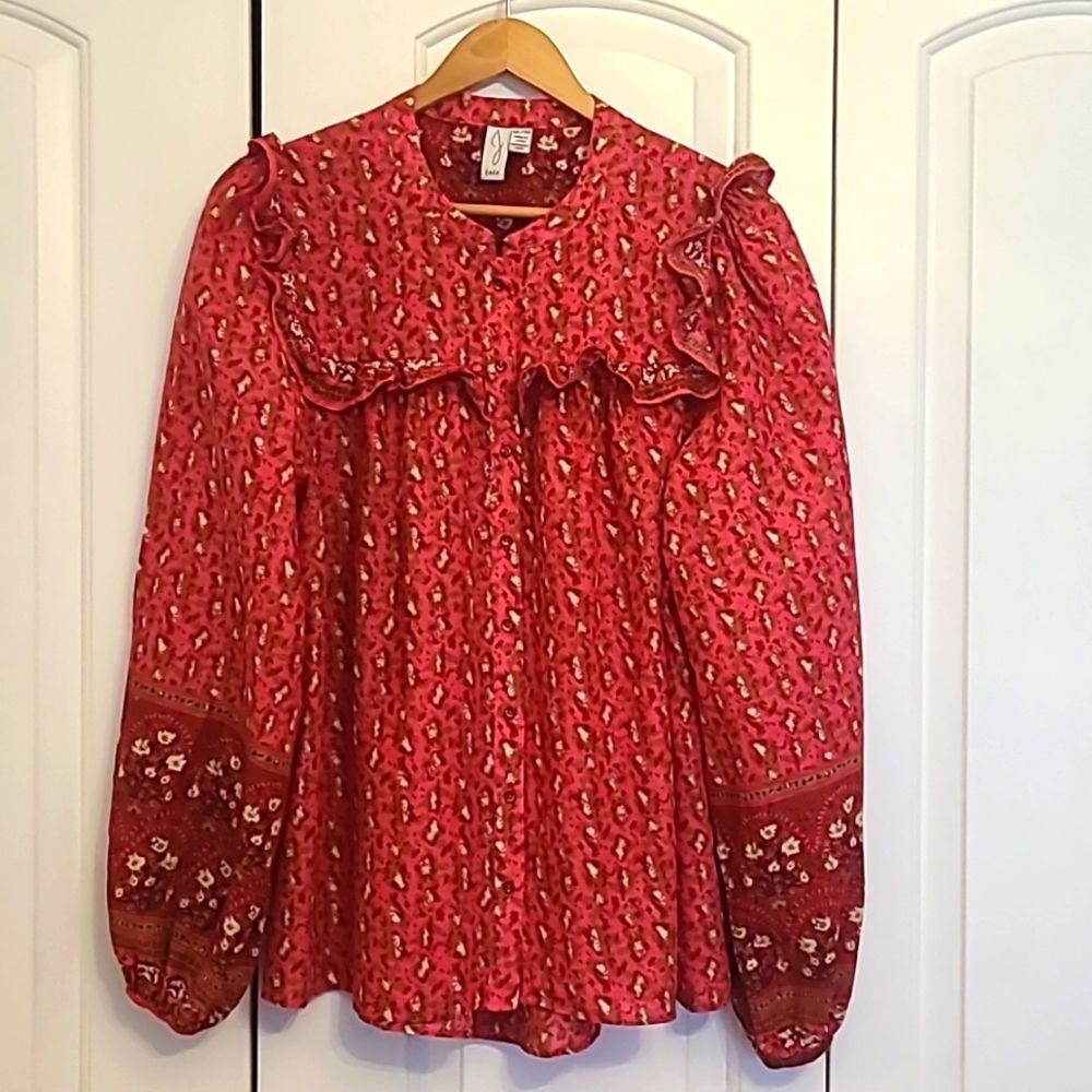 Joie pink floral button down boho prarie cottage core blouse Size XL